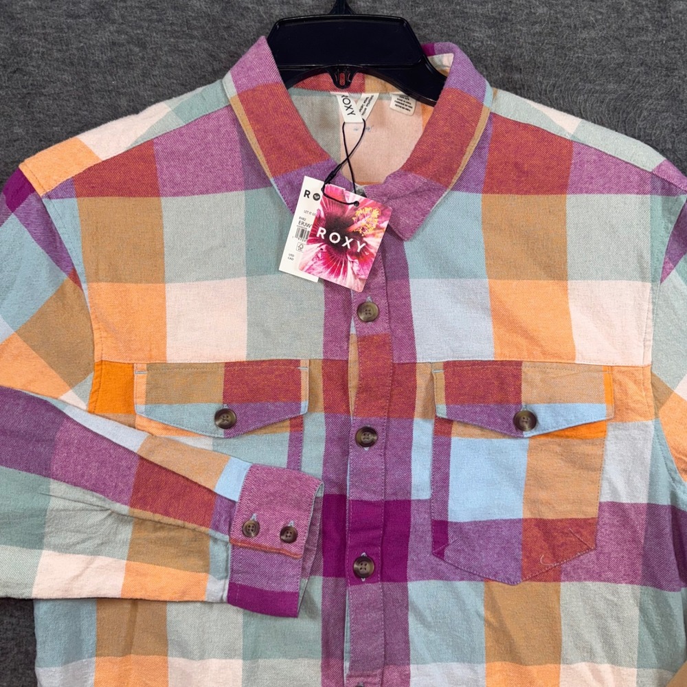ROXY Let It Go Flannel Shirt Womens Size Small Plaid Long Sleeve Button Up NEW